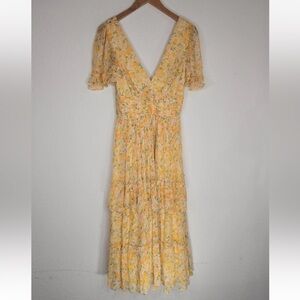 Anthropologie BHLDN Naomi Short-Sleeve V-Neck Midi Dress Yellow Size S Womens